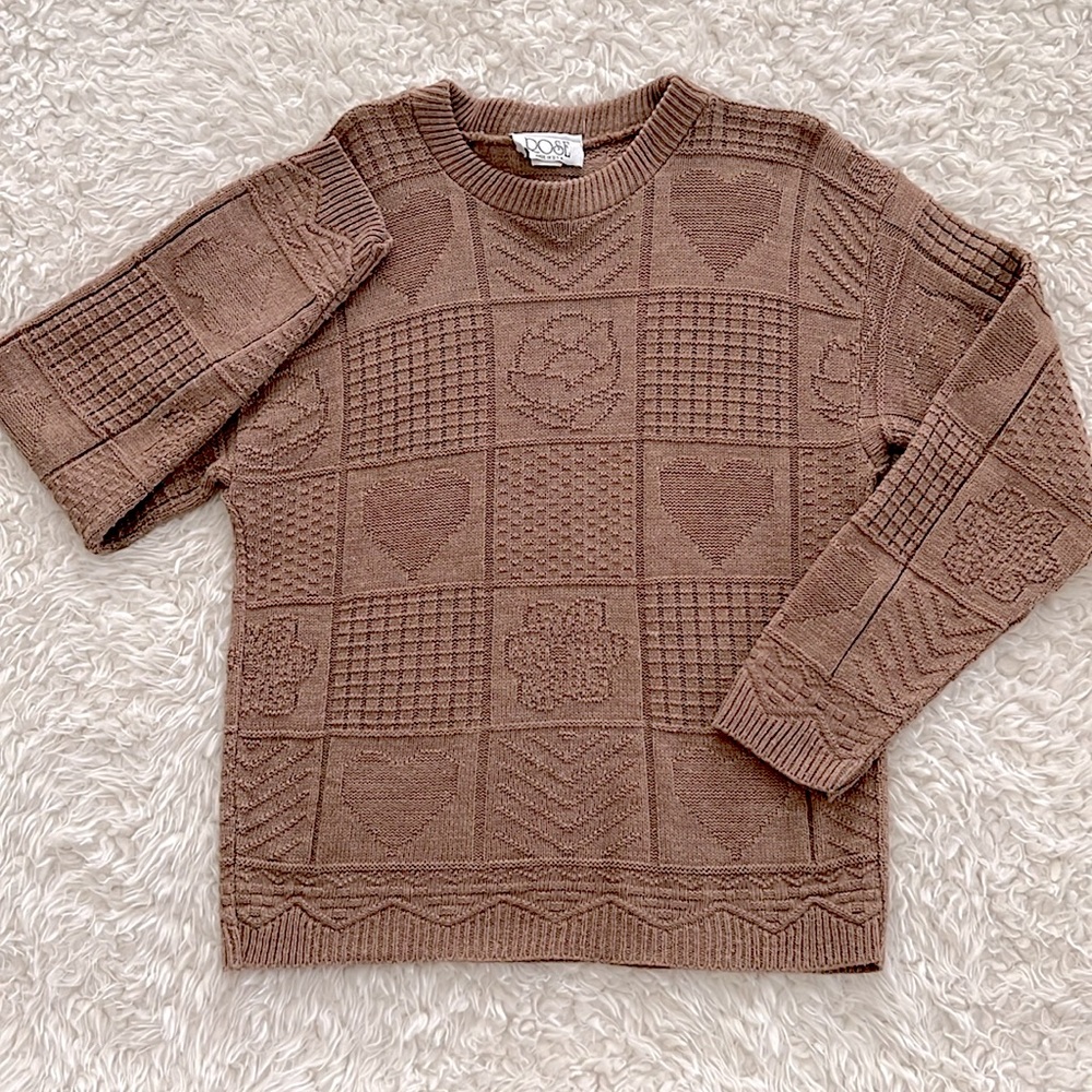 Vintage ROSE Knit Brown Sweater Acrylic Long-Sleeve Retro Boho Sz Medium